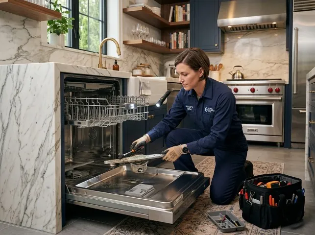 Appliance Repair Hero technician servicing a built-in dishwasher in a Bedminster, PA kitchen