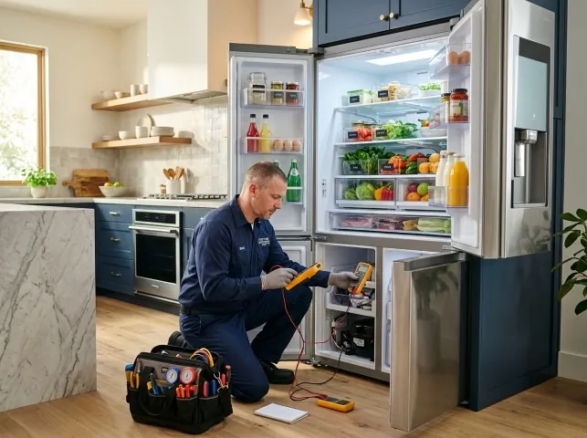 Appliance Repair Hero refrigerator technician testing a fridge on a Bedminster, PA service call